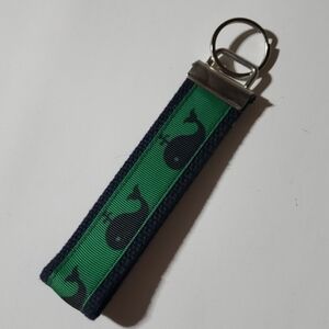 Navy Blue Green Whale Print handmade Wristlet Key Fob, women's Keychain holder